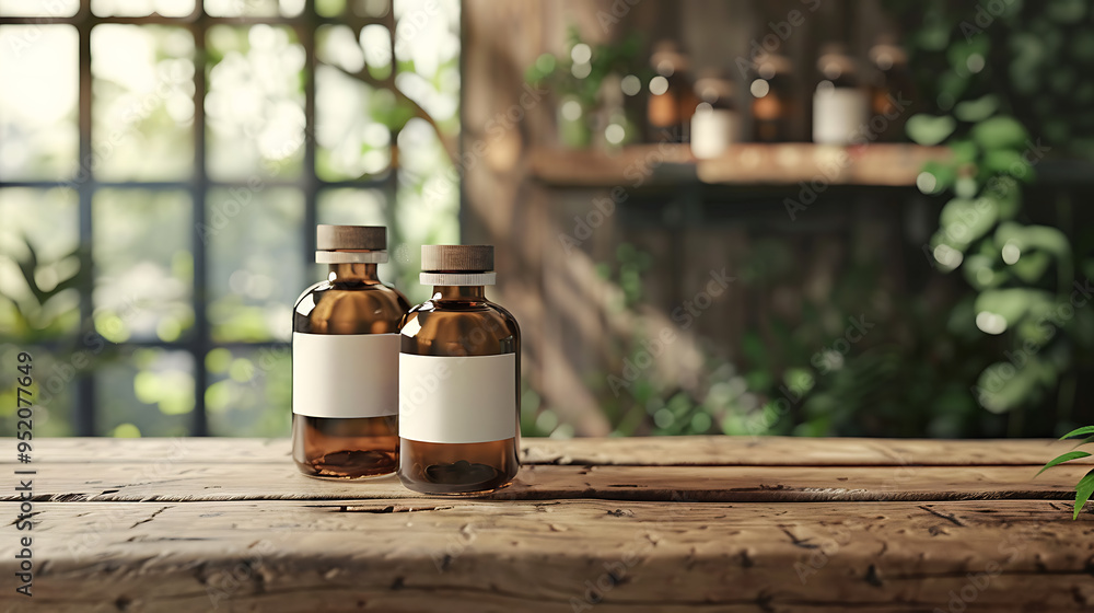Two amber glass bottles with blank labels sit on a rustic wooden table, a leafy window and other bottles are blurred in the background. Two amber glass bottles with blank labels sit on a rustic wooden table, a leafy window and other bottles are blurred in the background.