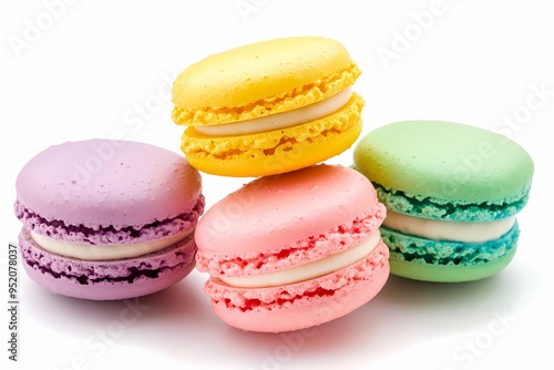 Colorful macarons stacked together, showcasing vibrant hues and delicate textures, perfect for dessert lovers and culinary themes.