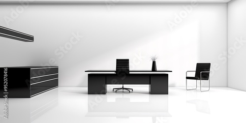 Clean, minimal white office with black furniture, 3D render.