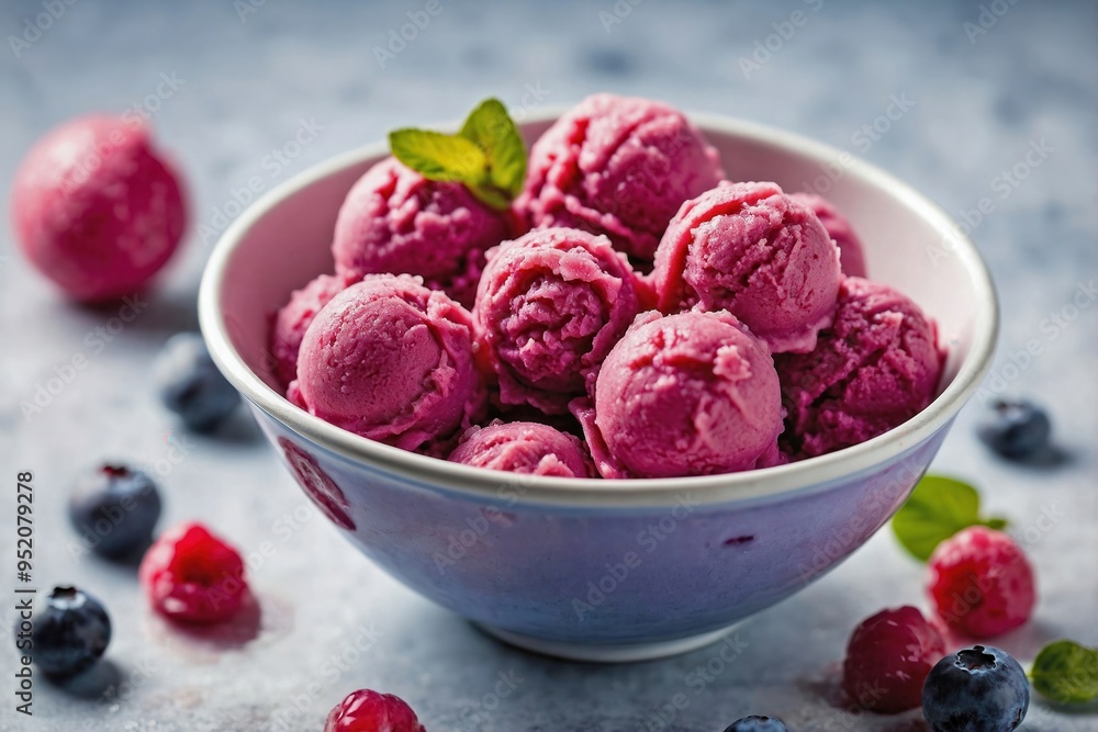 Blueberry Sorbet: Multiple scoops of blueberry sorbet arranged in a small white bowl Blueberry Sorbet: Multiple scoops of blueberry sorbet arranged in a small white bowl