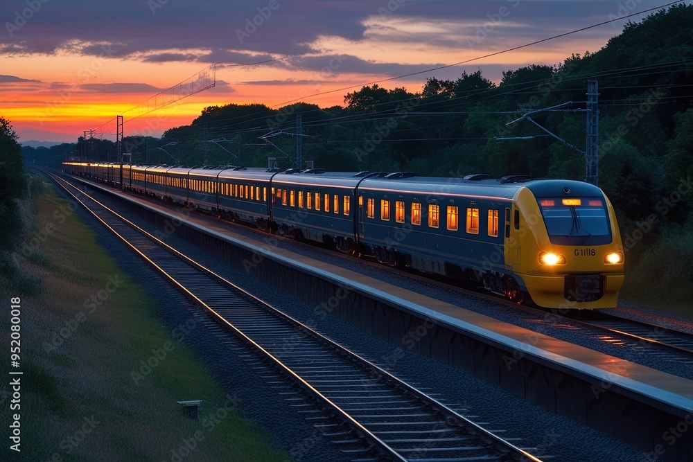 Fototapeta premium Stunning Sunset Illuminated Nighttime Railway Scene