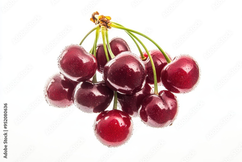 A cluster of fresh cherries with water droplets on a white background. A cluster of fresh cherries with water droplets on a white background.