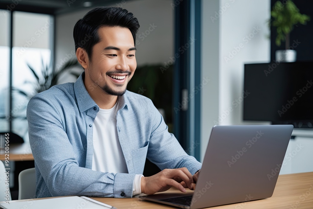 Happy Businessman Working on Laptop in Relaxed Office Environment Happy Businessman Working on Laptop in Relaxed Office Environment
