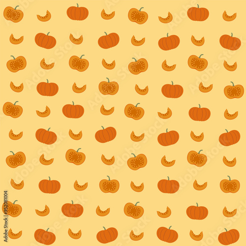 Cute seamless pattern with pumpkins. Halloween vector drawing in hand drawn cartoon style. Flat illustration in orange colors