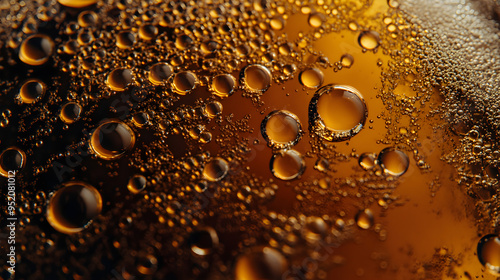 A close-up view of beer bubbles creates a captivating texture against a warm, amber background showcasing the effervescence of the beverage