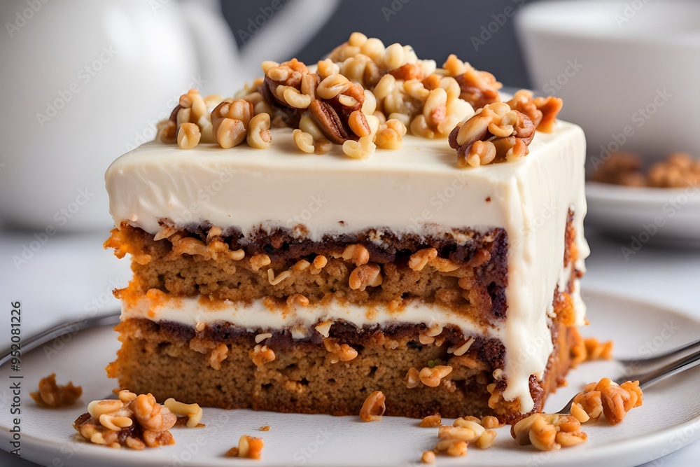 A slice of moist carrot cake with layers of cream cheese frosting topped with chopped walnuts, AI Generated A slice of moist carrot cake with layers of cream cheese frosting topped with chopped walnuts, AI Generated