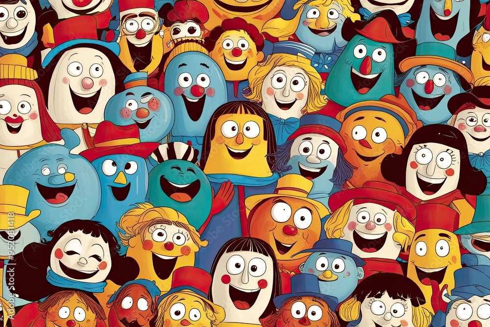 Fototapeta premium Whimsical Character Art with Playful Faces and Joyful Expressions