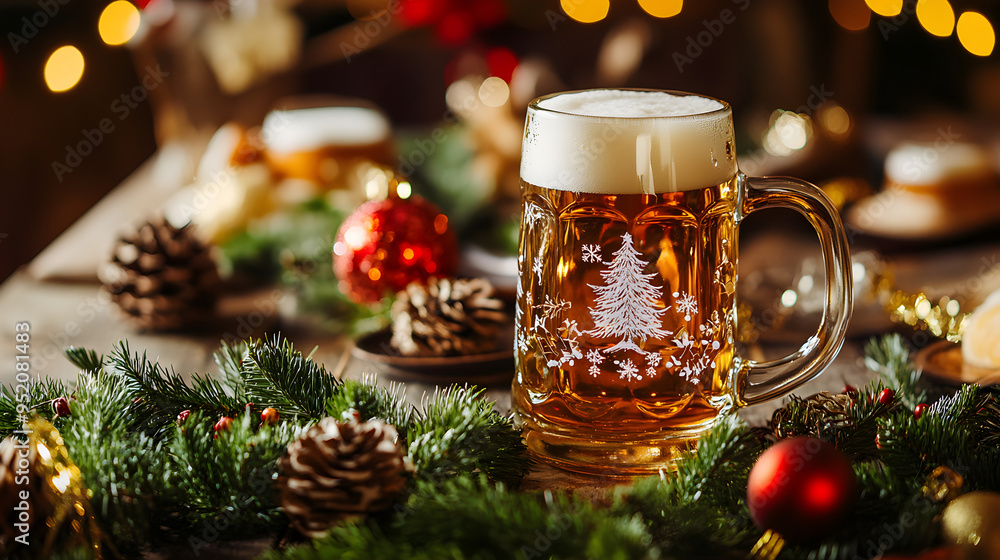 A holiday table features a decorated beer mug with a festive design surrounded by Christmas decorations and pinecones creating a warm celebratory atmosphere A holiday table features a decorated beer mug with a festive design surrounded by Christmas decorations and pinecones creating a warm celebratory atmosphere