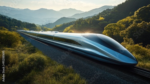 A sleek bullet train speeds through the countryside, capturing the essence of modern transportation speed and efficiency. photo