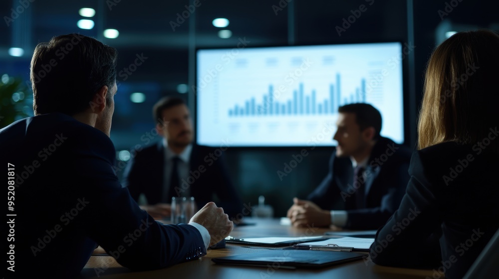 A group of business professionals sitting around a conference table, actively engaging in a discussion with charts and graphs on a screen in the background. A group of business professionals sitting around a conference table, actively engaging in a discussion with charts and graphs on a screen in the background.