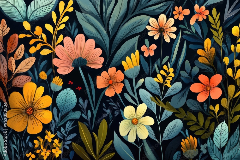 Abstract floral painting with yellow, orange, and blue flowers Abstract floral painting with yellow, orange, and blue flowers