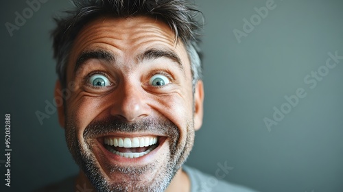 99. A middle-aged person demonstrating enthusiasm with an animated smile and bright eyes