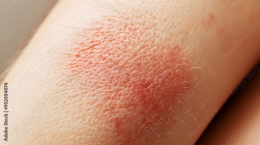 Fototapeta premium A detailed close-up of a person’s elbow, showing red, scaly patches characteristic of psoriasis