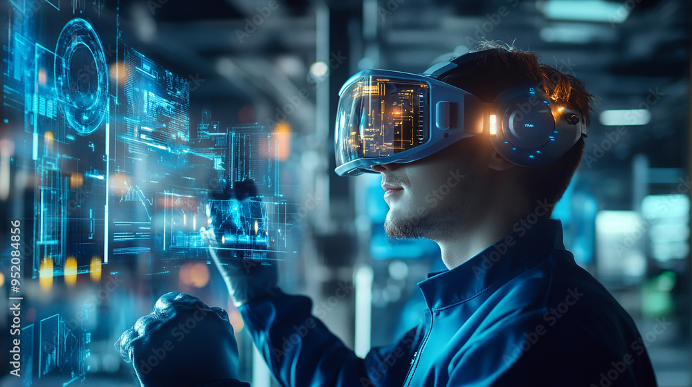 The focus on innovation in this image of an engineer with futuristic technology is highly sought after The focus on innovation in this image of an engineer with futuristic technology is highly sought after