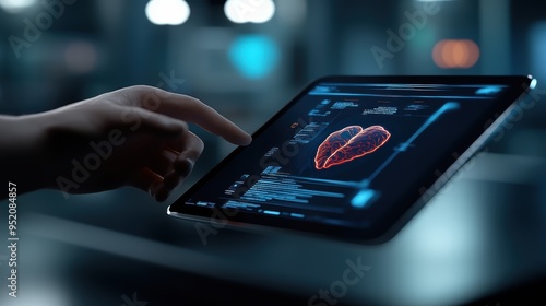 A concept image of an AI-powered healthcare device, showing holographic patient data and digital diagnostics.