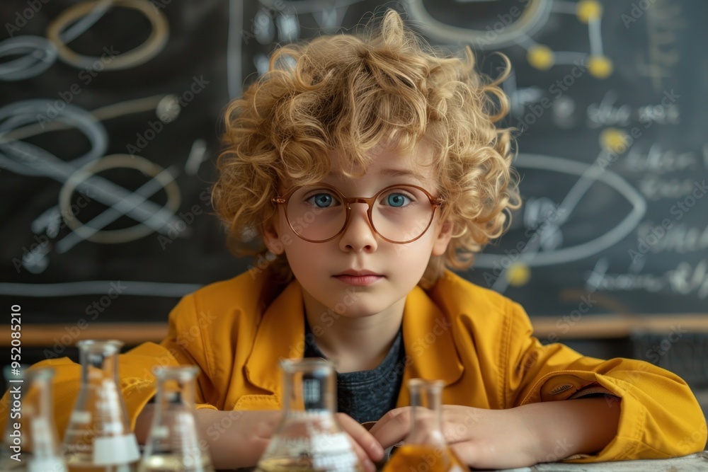 Young boy in a yellow jacket and glasses in a science classroom Young boy in a yellow jacket and glasses in a science classroom