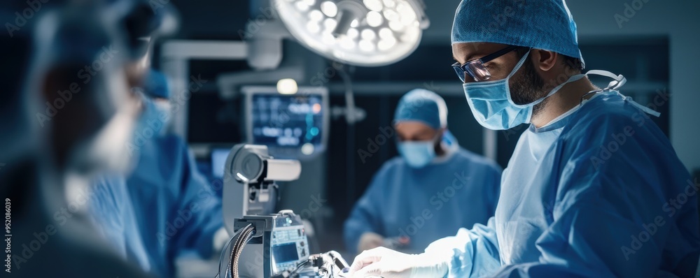 A team of doctors overseeing a robotic system performing a precise medical operation in a cutting-edge operating theater. A team of doctors overseeing a robotic system performing a precise medical operation in a cutting-edge operating theater.