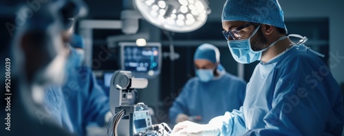  A team of doctors overseeing a robotic system performing a precise medical operation in a cutting-edge operating theater.