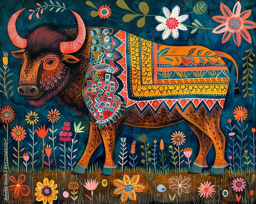 Naklejka premium Graceful bison in Madhubani Bharni style, forest scene with wildflowers, traditional vibrant hues