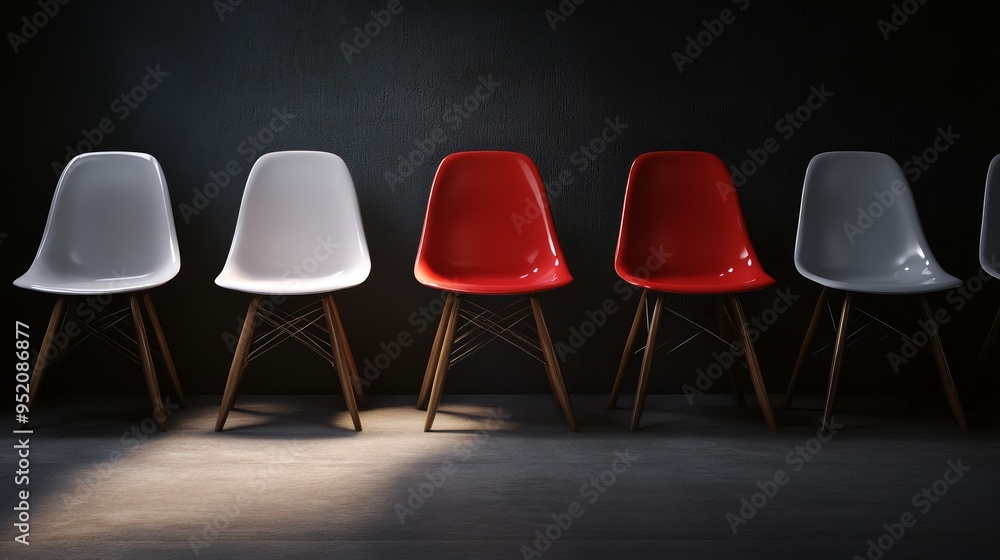Job interview, recruitment concept. Row of chairs with one odd one out. Job opportunity. Red chair in spotlight. Business leadership. 3D Rendering. Job interview, recruitment concept. Row of chairs with one odd one out. Job opportunity. Red chair in spotlight. Business leadership. 3D Rendering.