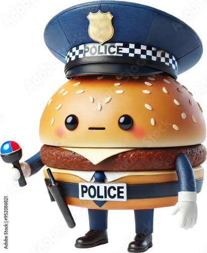 A whimsical burger character dressed as a police officer, combining humor and charm in a playful, colorful design. photo