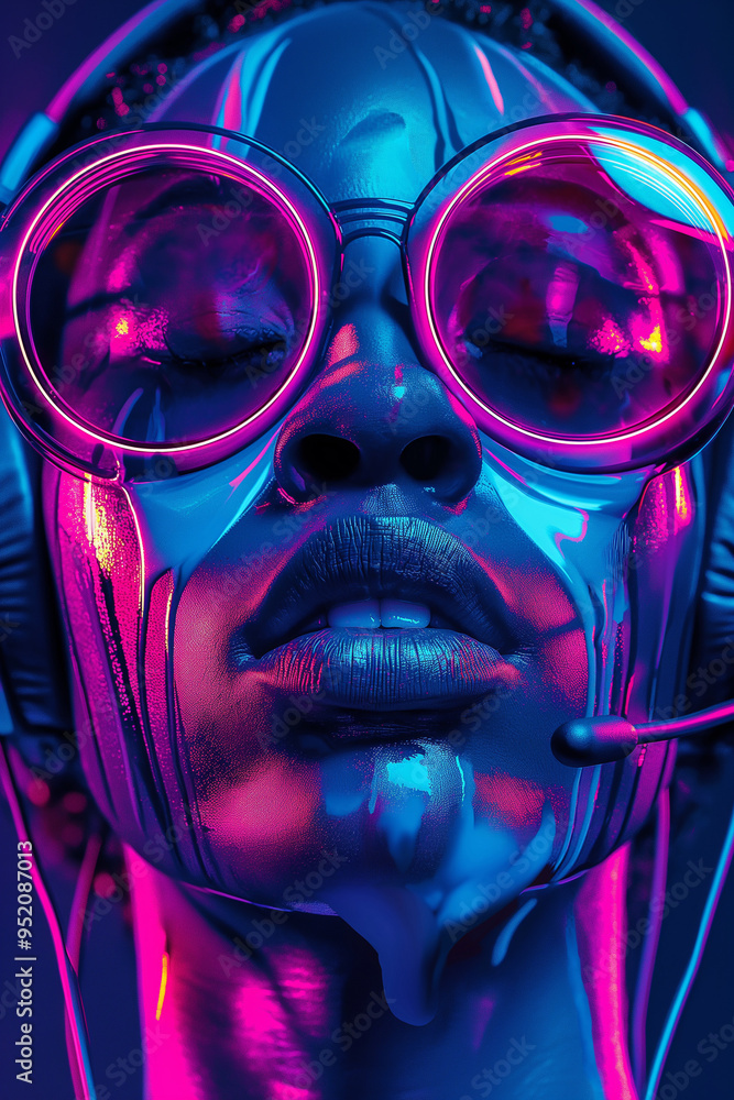 Abstract portrait of an African American woman with neon paint and reflective sunglasses. A futuristic and avant-garde take on fashion photography. Abstract portrait of an African American woman with neon paint and reflective sunglasses. A futuristic and avant-garde take on fashion photography.