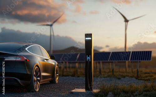 A sleek electric vehicle charging at a modern renewable energy charging station, with solar panels and wind turbines in the background.  photo