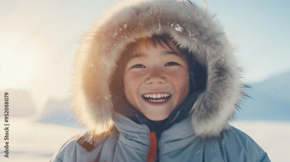 Attractive smiling eskimo kid with fur hood and warm clothes in winter scenery. Neural network ai generated art Attractive smiling eskimo kid with fur hood and warm clothes in winter scenery. Neural network ai generated art