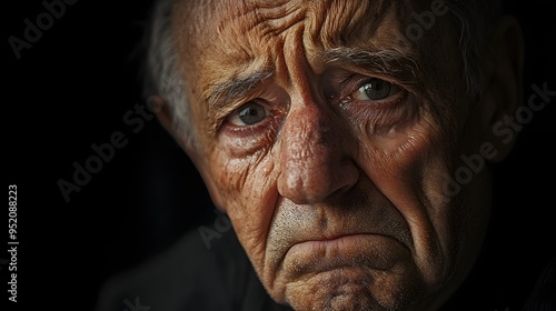 3. An elderly person demonstrating sadness with a downturned mouth and teary eyes