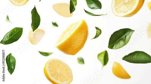 Yellow lemon slices falling with green leaves isolated on white background