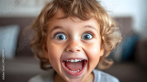 5. A child showing excitement with wide eyes and a big grin