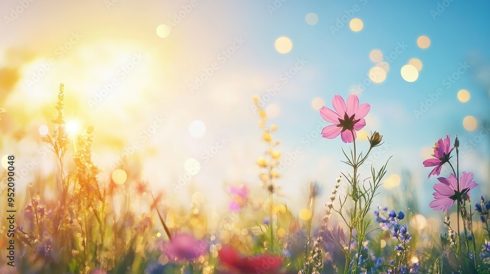 Colorful flower meadow with sunbeams and blue sky and bokeh lights in summer Colorful flower meadow with sunbeams and blue sky and bokeh lights in summer