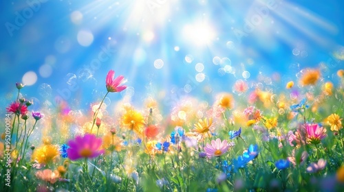 Colorful flower meadow with sunbeams and blue sky and bokeh lights in summer 