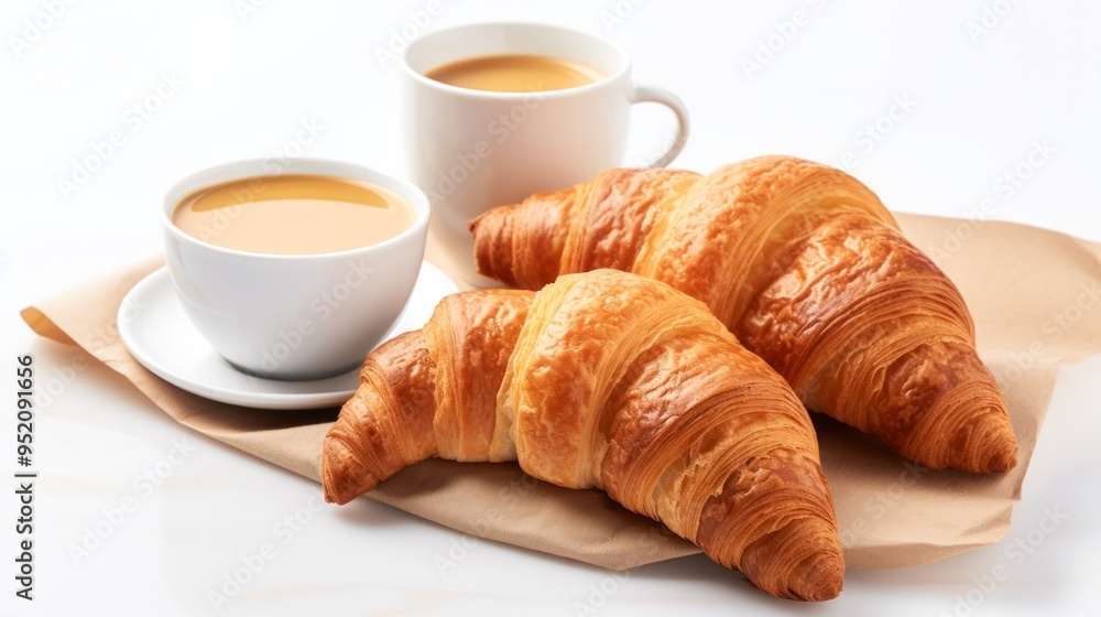 A stack of freshly baked croissants, their golden crusts glistening with butter, accompanied by a steaming cup of cappuccino A stack of freshly baked croissants, their golden crusts glistening with butter, accompanied by a steaming cup of cappuccino