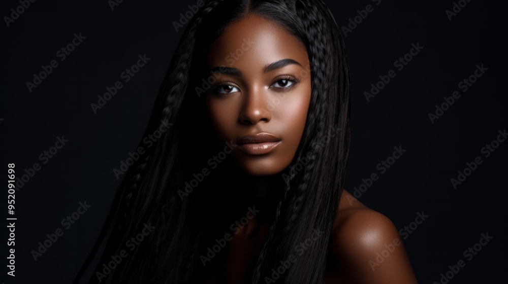 Beautiful black brunette fashion model with perfect hair on black background. Neural network ai generated art Beautiful black brunette fashion model with perfect hair on black background. Neural network ai generated art