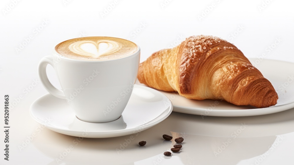 A steaming mug of cappuccino, accompanied by a freshly baked croissant, both arranged on a white background. A steaming mug of cappuccino, accompanied by a freshly baked croissant, both arranged on a white background.