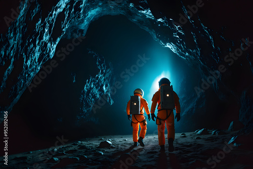 Astronauts Exploring Dark Cave on Alien Planet