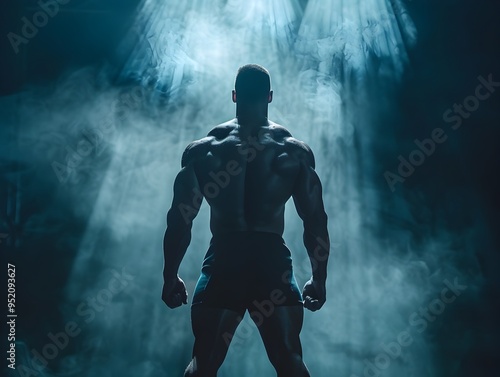 Muscular Bodybuilder Striking a Classic Pose on Stage Under Bright Spotlight