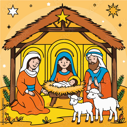 colourful Nativity scene depicting baby Jesus, Mary, Joseph and the Magi in Bethlehem simple line drawing