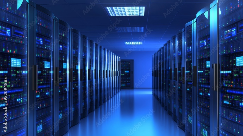 An advanced data center filled with rows of servers and network equipment, symbolizing the backbone of digital business operations. The environment is clean and secure, with LED lights highlighting An advanced data center filled with rows of servers and network equipment, symbolizing the backbone of digital business operations. The environment is clean and secure, with LED lights highlighting