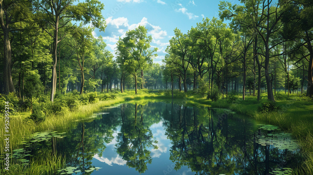 a forest scene with a tranquil pond reflecting the surrounding trees and sky a forest scene with a tranquil pond reflecting the surrounding trees and sky