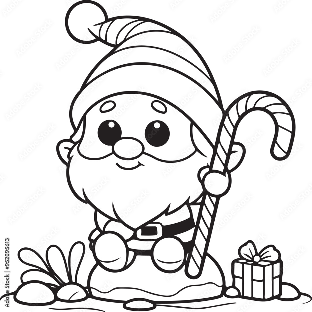 Naklejka premium Winter Christmas Theme Coloring Page - Santa Claus with Gifts and Candy Cane.