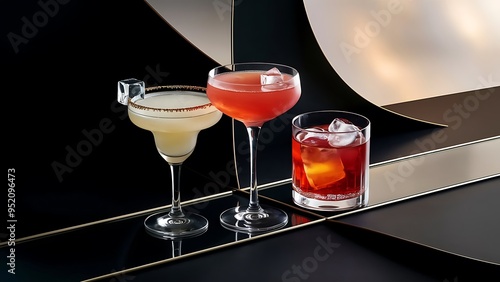 Freshening margarita, cosmopolitan and negroni with ice cubes on black backdrop, concept photo