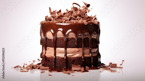 A towering chocolate cake, adorned with layers of frosting and a cascade of chocolate shavings, a true masterpiece of culinary artistry. photo