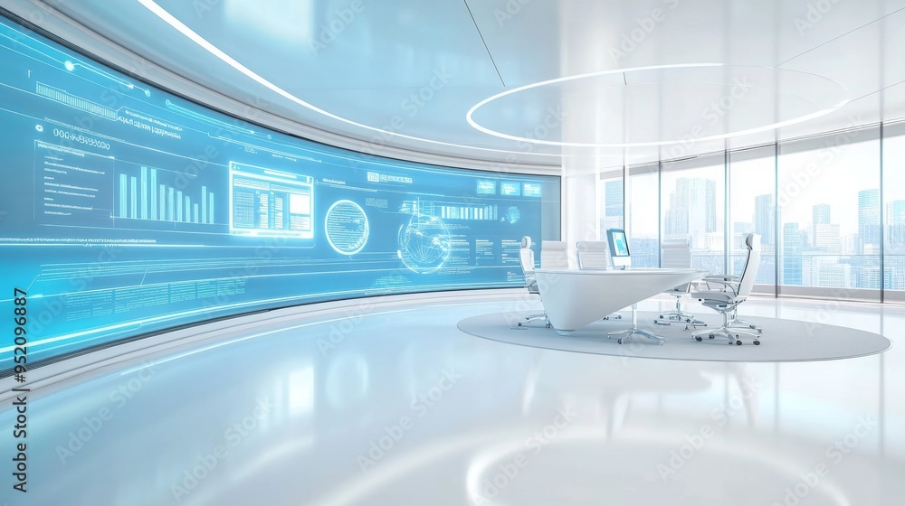 A modern office environment where AI-powered systems are optimizing business operations and workflow. The office is sleek and minimalist, with digital interfaces displaying real-time data on project A modern office environment where AI-powered systems are optimizing business operations and workflow. The office is sleek and minimalist, with digital interfaces displaying real-time data on project