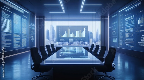 A high-tech conference room where AI-powered virtual assistants manage business tasks and schedules. The room is modern and minimalist, with large screens displaying business data, charts, and