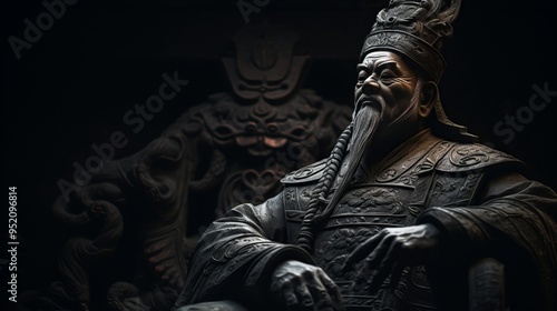 Chinese nobleman carved in stone, wearing ancient Chinese ornaments in Chinese palace, created with AI