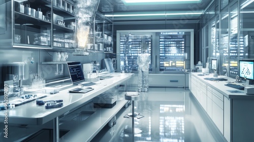 A clean and modern laboratory environment where scientists conduct experiments with advanced AI algorithms. The lab is filled with cutting-edge technology, including high-tech computers, servers, and