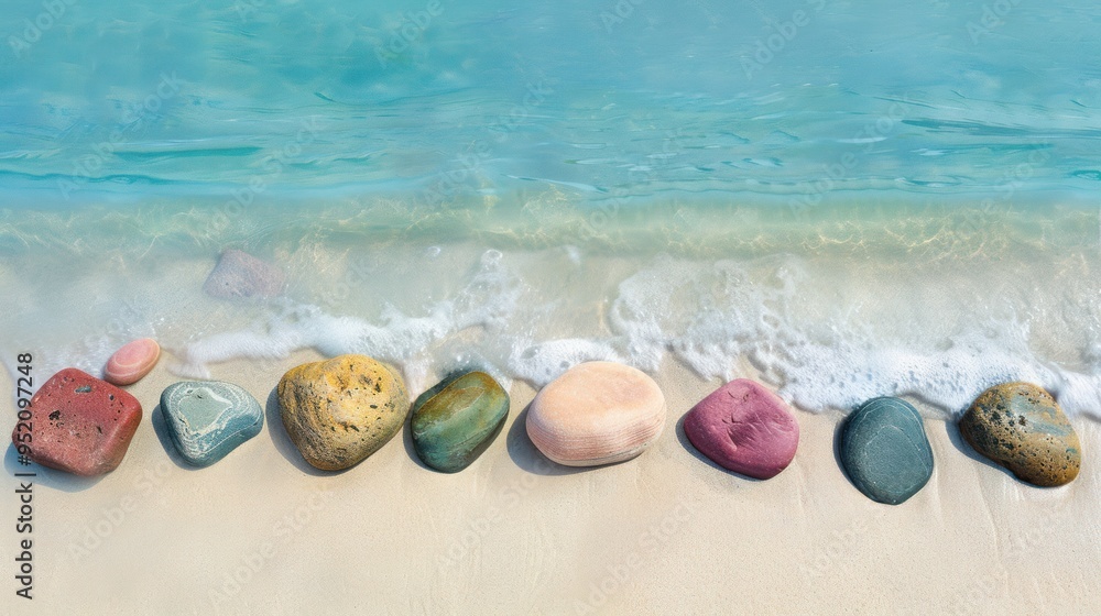 Obraz premium A tranquil beach scene showcasing a collection of multihued, smooth rocks, their vibrant colors contrasting against the pristine white sand and clear blue water.