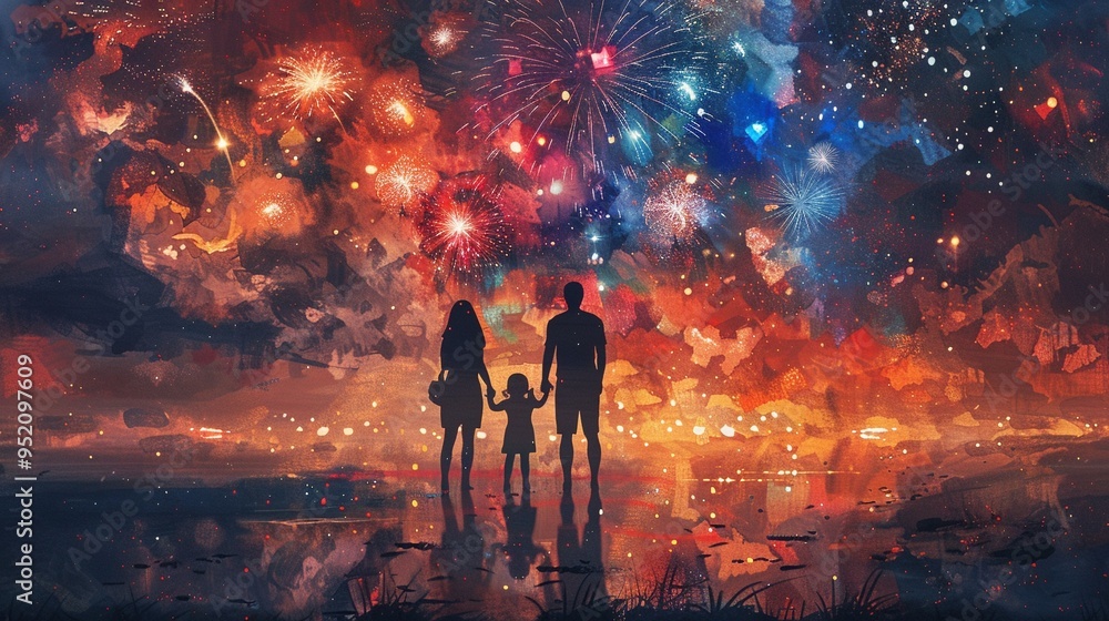 A happy family standing together, watching fireworks with awe, their faces lit by the colorful explosions, Watercolor, Vibrant hues, Warm tones, Detailed design A happy family standing together, watching fireworks with awe, their faces lit by the colorful explosions, Watercolor, Vibrant hues, Warm tones, Detailed design
